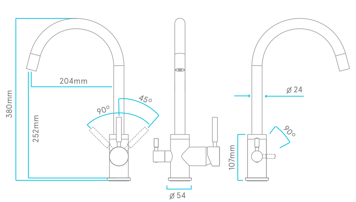 Plano técnico del grifo Nimbo 3 vías